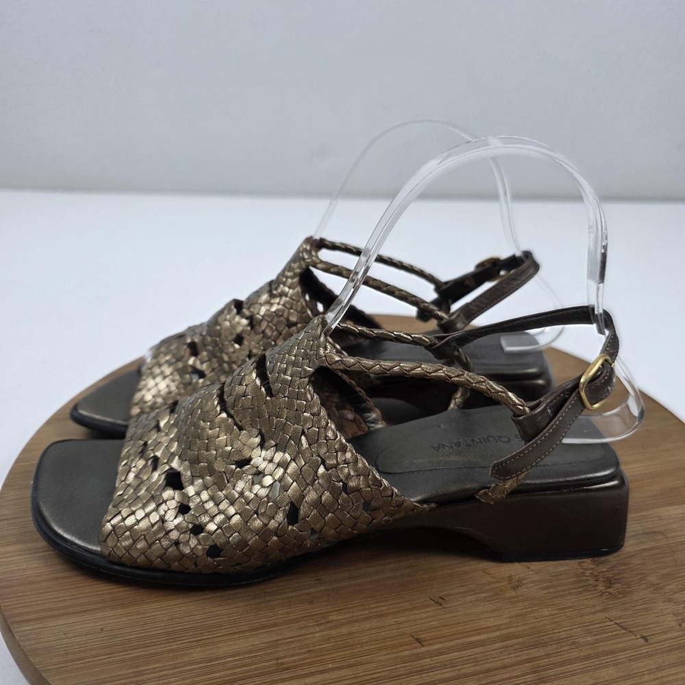 Pons Quintana Sandals Womens Size 7 37.5 Gold Leather Woven Slingback Block Heel